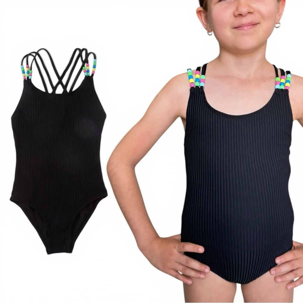 Beach Lingo Swimwear Girls One Piece Black Ribbed Strappy Back Size 7